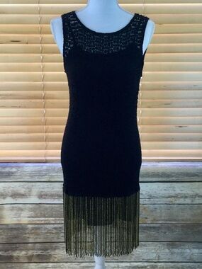 Zara Black Sleeveless Beaded Fringe Hem Crochet Dress